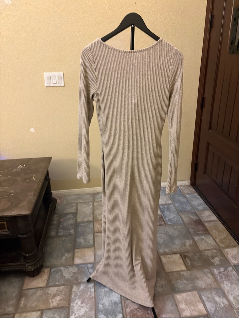 Ribbed Long Sleeve Maxi Dress in Beige